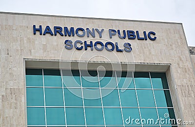 Harmony Public School sign on front entrance in Houston, TX. Editorial Stock Photo