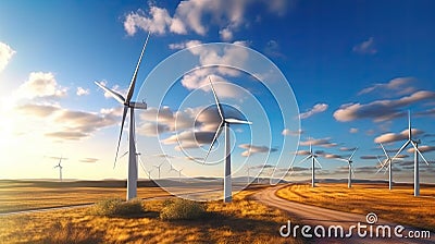Harmony of Wind: Panoramic View of a Majestic Wind Farm Generating Electricity Stock Photo