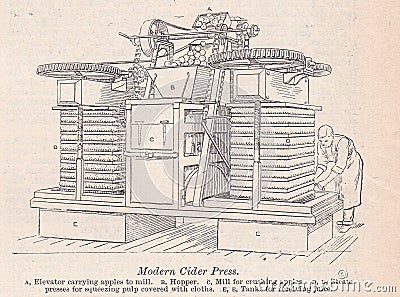 Vintage black and white illustration / Diagram of a Cider Press 1900s Cartoon Illustration