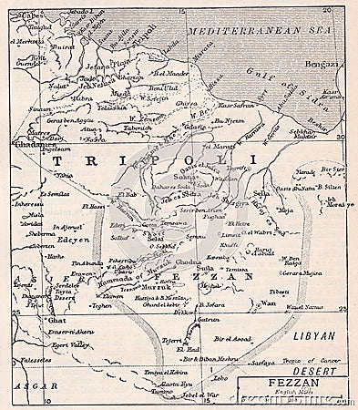 Vintage black and white map of Fezzan 1900s Editorial Stock Photo