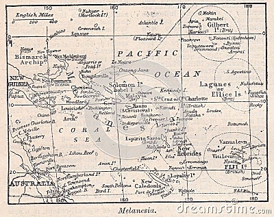 Vintage map of Melanesia 1900s Editorial Stock Photo