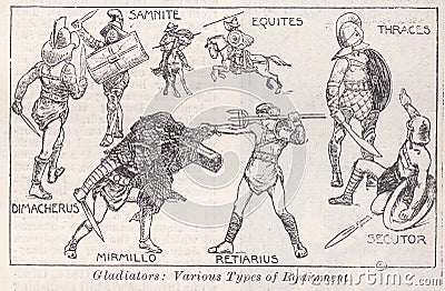 Vintage black and white illustration of Gladiators: Various Types of Equipment Cartoon Illustration