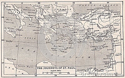 Vintage map of The Journeys of St. Paul 1900s Editorial Stock Photo