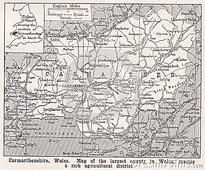 Vintage map of Carmarthenshire 1900s. Editorial Stock Photo