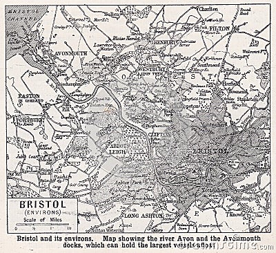 Vintage map of Bristol and it Environs. Editorial Stock Photo