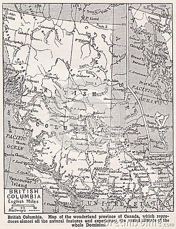 Vintage map of British Columbia. Editorial Stock Photo