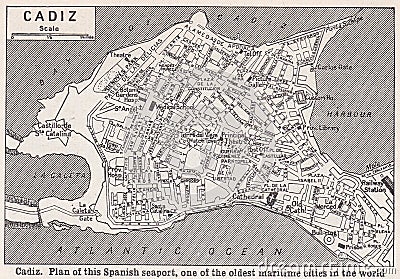 Vintage map of Cadiz - One of the oldest maritime cities in the world. Editorial Stock Photo