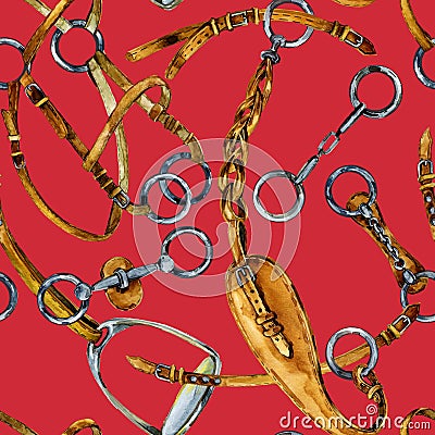 Harness horse watercolor pattern. equestrian seamless background Stock Photo