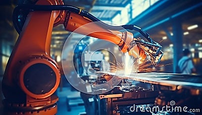 Harnessing Technology: Engineer Oversees Robotic Welding in Smart Factory. Generative ai Cartoon Illustration