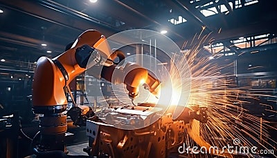 Harnessing Technology: Engineer Oversees Robotic Welding in Smart Factory. Generative ai Cartoon Illustration