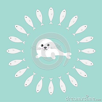 Harp baby seal pup, fish circle. Cute cartoon character. Blue background. Flat design Vector Illustration