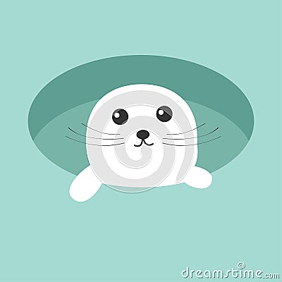 Harp baby seal pup. Ice-hole Cute cartoon character. Blue background. Flat design Vector Illustration