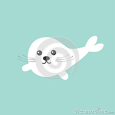 Harp baby seal pup with mustaches. Cute cartoon character. Blue background. Flat design Vector Illustration