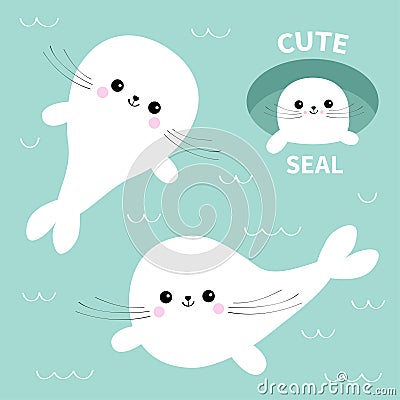Harp baby seal pup set. Cute cartoon character. Ice-hole. Happy baby animal collection. Swimming floating on water with wave. Blue Vector Illustration