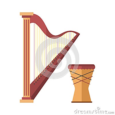 Harp icon golden stringed musical instrument classical orchestra art sound tool and drum acoustic symphony stringed Vector Illustration