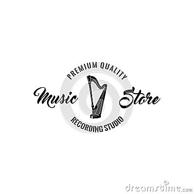 Harp icon. Music store emblem logo label. Premium quality inscription. Musical instrument. Vector. Vector Illustration