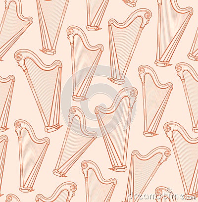 Harp, seamless pattern, pink, contour pattern, vector. Vector Illustration