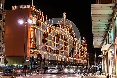 Harrods at night in London Editorial Stock Photo