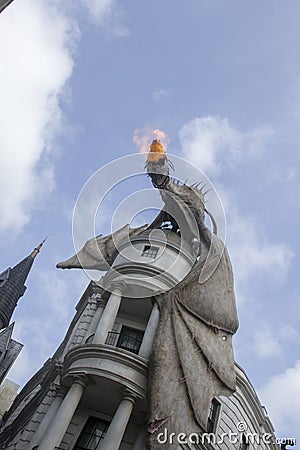 Harry Potter Dragon Breathing Fire at Gringotts Bank Universal Studios Orlando Editorial Stock Photo