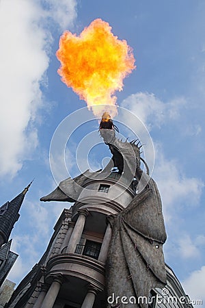 Harry Potter Dragon Breathing Fire at Gringotts Bank Universal Studios Orlando Editorial Stock Photo