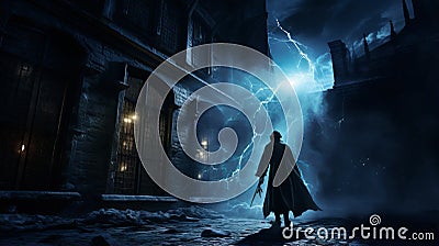 Gothic Wizard Unleashing Lightning In Action-packed Night Scene Cartoon Illustration