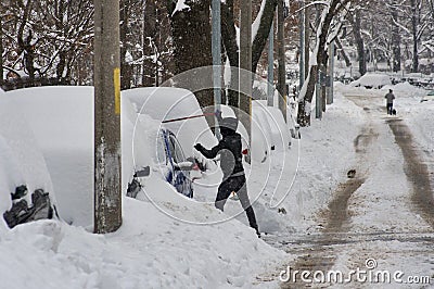 Winter landscape. Harsh winter with snow in Bucharest, capital of Romania. Siberian frost Editorial Stock Photo
