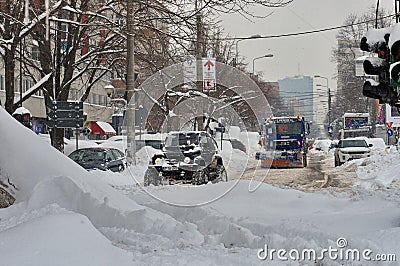 Winter landscape and Siberian frost. Harsh winter with snow in Bucharest, capital of Romania Editorial Stock Photo