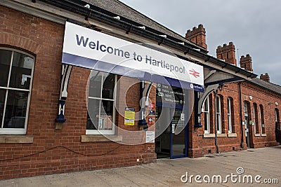 Welcome to Hartlepool sign over entrance to railway station Editorial Stock Photo