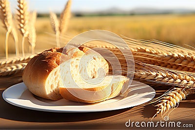 Harvest Abundance Fresh Fragrant Bread and Wheat on Wooden Table with Wheat Field Backdrop. created with Generative AI Stock Photo