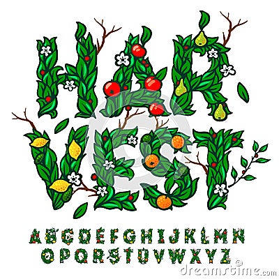 Harvest festival alphabet made with leaves and fruits Vector Illustration