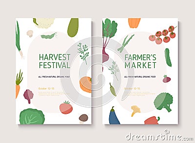 Harvest festival or farmers market flyer. Poster templates with organic vegetables Vector Illustration