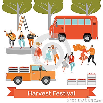 Harvest Festival. Happy people are dancing in the garden. Vector Illustration