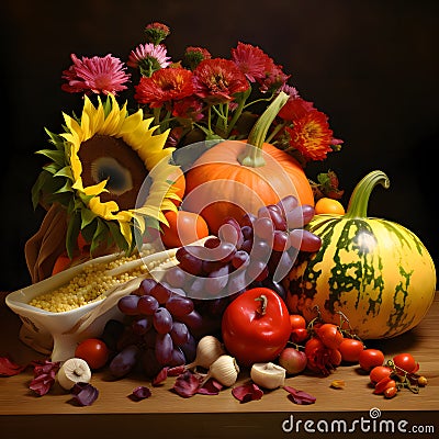 Harvest from the field peppers, garlic, pumpkins, sunflowers, grapes, eggplant, Pumpkin as a dish of thanksgiving for the harvest Vector Illustration