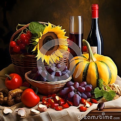 Harvest from the field peppers, garlic, pumpkins, sunflowers, grapes, eggplant, Pumpkin as a dish of thanksgiving for the harvest Vector Illustration