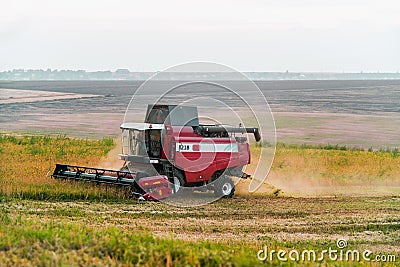 Harvester combine autumn graine wheat farmer worker plantation technology green field Stock Photo