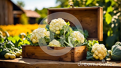 Harvest of fresh cauliflower in the vegetable natural garden Stock Photo