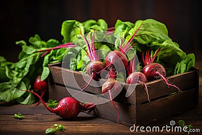 Harvest of fresh young beets with tops on a wooden box Stock Photo