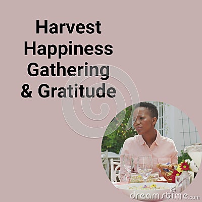 Harvest happiness gathering and gratitude text and african american woman at thanksgiving Stock Photo