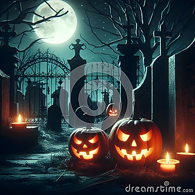 Jack O' Lanterns Bring Spooky Charm to the Graveyard on a Moonlit Night. Generative ai for illustrations Cartoon Illustration