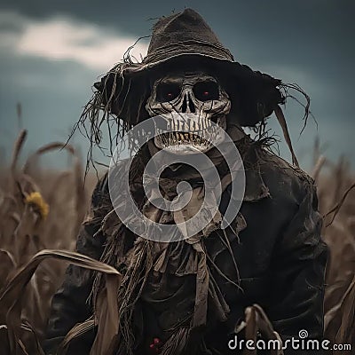 Harvest of Haunts: Sinister Scarecrow Guards Cornfield with Skull Face Stock Photo