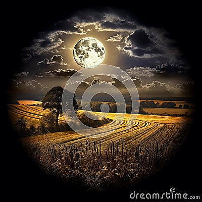 Harvest Moon: Eerie Glow in the Midnight Sky Stock Photo