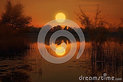 harvest moon reflecting on a calm lake Stock Photo