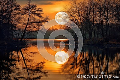 harvest moon reflecting on a calm lake, surrounded by trees Stock Photo