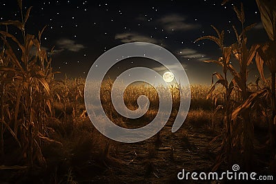 Harvest Moonlit Cornfield Moonlit scene over a Stock Photo