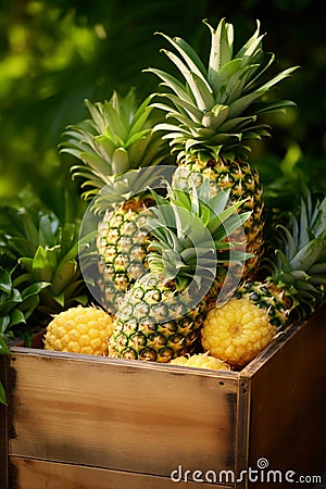 Harvest pineapples in a box in the garden. Selective focus. Stock Photo