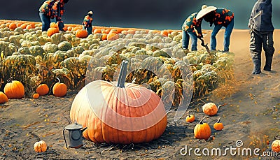harvest of ripe pumpkins on the field Stock Photo