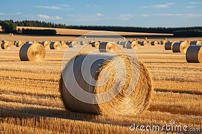 After the harvest Scenic beauty with hay bales in golden fields Stock Photo