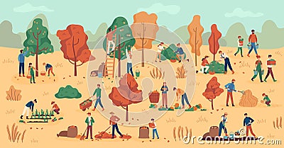 Harvest season. Farmers on plantation collecting fruits, vegetables and berries. Stacking hay, agricultural autumn work Vector Illustration