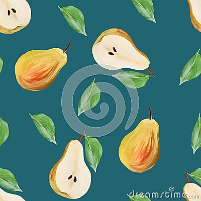 Harvest sweet pears with leaves fruit gouache illustration freehand drawn seamless pattern dark turquoise. Food pattern, painted Cartoon Illustration