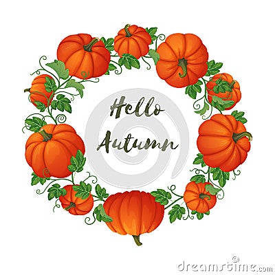 Hello autumn circular frame with orange pumpkins different shape and size. Vector Illustration